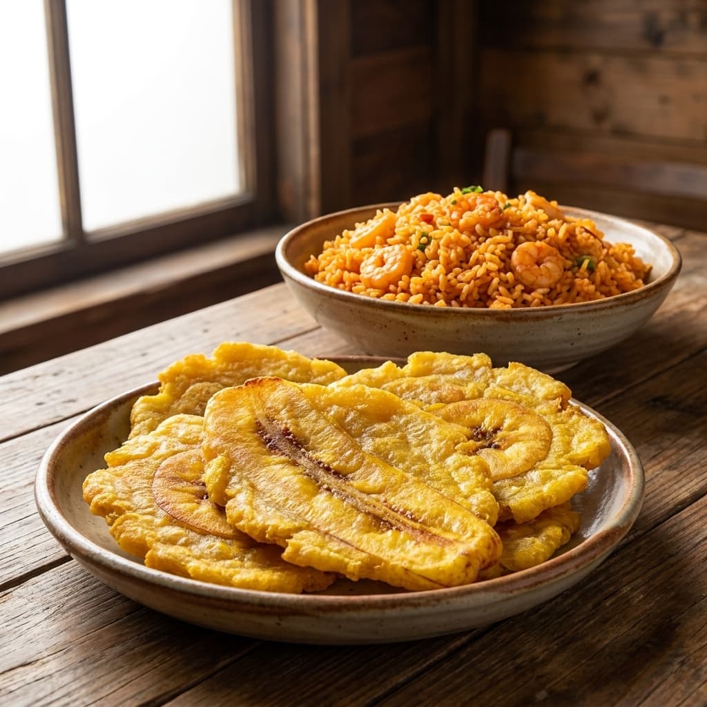 Patacones con arroz de camarón